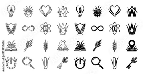 Set of hybrid agricultural icons combining wheat stalks and grain with diverse conceptual symbols like a lightbulb gear heart house shield and atom