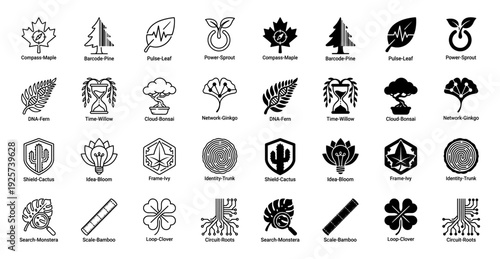 A collection of hybrid nature icons merging organic botanical elements with conceptual tools like compass maple barcode pine and circuit roots