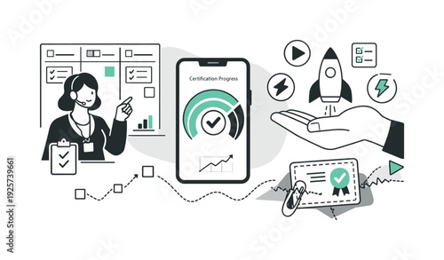 Modern minimal flat vector conceptual collage, crisp hard edges, consistent THIN outline stroke, rounded corners where needed,