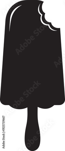 Black silhouette of a bitten popsicle, showing a bite mark, on a white background. Vector graphic representing a delicious summer treat that has been partially eaten.