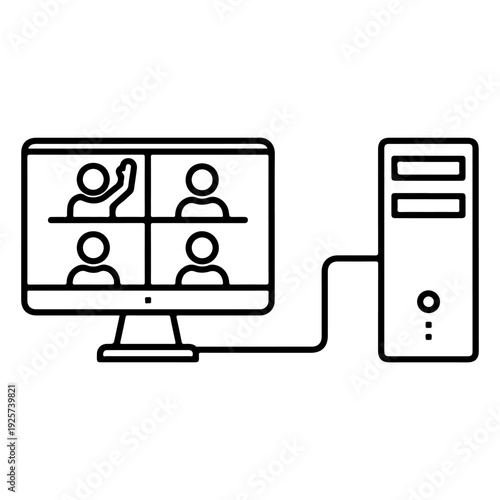 A minimalist line art illustration representing a virtual meeting or online classroom. A desktop computer monitor displays a video call with four participants