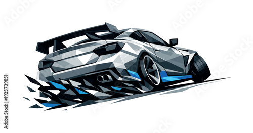 Low-poly vector illustration of a street racer setting up for a drift, car entering a sharp turn with angular front wheels turned