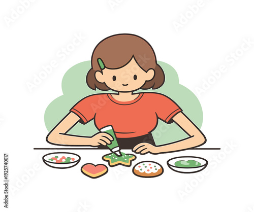 Whimsical Cookie Decorating. Inside child decorates cookies at a table with icing and sprinkles, small plates nearby, careful