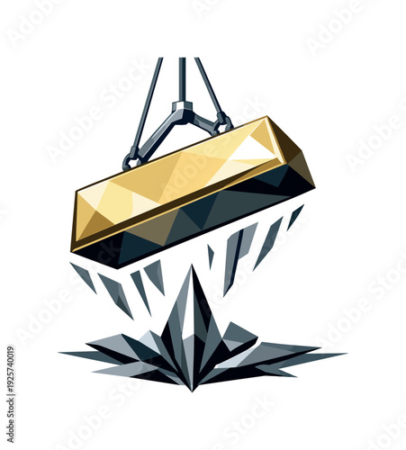 Low-poly vector illustration of the setup before a gold bar drop, gold bar suspended at a slight tilt above an implied drop point