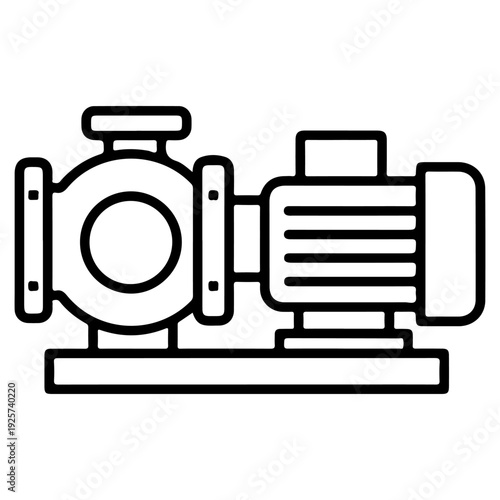 A technical line art illustration of an industrial water pump connected to an electric motor. This icon represents mechanical engineering, plumbing systems, hydraulic power, manufacturing and utility 