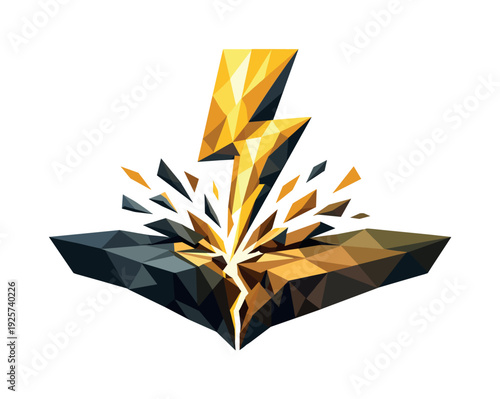 Low-poly vector illustration of a lightning strike split as a direct hero depiction, bold lightning bolt constructed from sharp