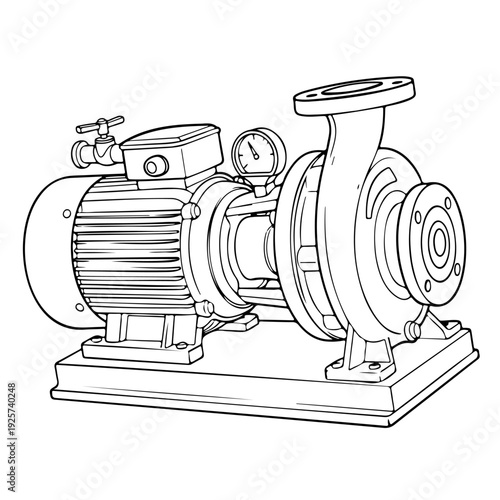 Industrial Centrifugal Water Pump with Electric Motor Line Art. A line art of industrial centrifugal pump unit mounted on a baseplate, including an electric motor, pressure gauge, flanged connections.