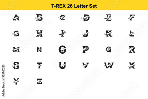 T rex dinosaur alphabet letter set in black and white
