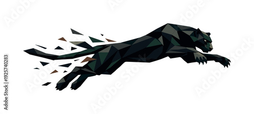 Low-poly vector illustration of a panther exploding into a powerful jungle leap, sleek predator with sharply faceted anatomy and