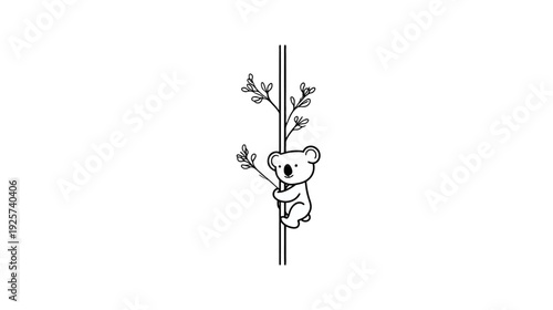 A black and white illustration of a koala bear clinging to a tree branch