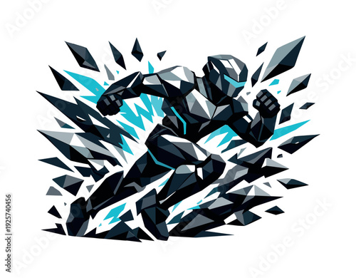 Low-poly vector illustration of a robot breaking through with maximum charging power, stride fully extended and arms driving hard