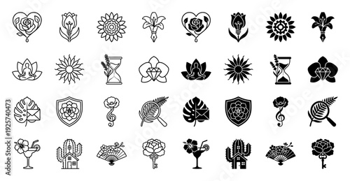 Botanical hybrid icon set featuring creative floral fusions like rose heart tulip bulb sunflower gear lily pen and lotus meditation symbols