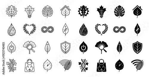 Collection of minimalist hybrid icons merging organic leaf shapes with industrial symbols and conceptual metaphors in outline and solid styles