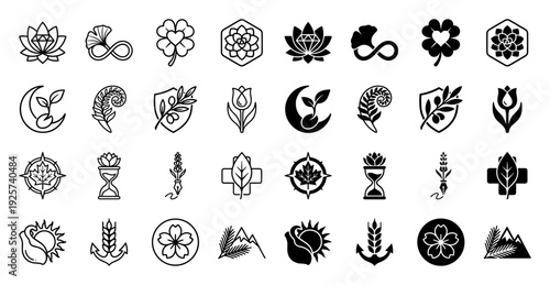 Collection of minimalist hybrid nature icons combining organic botanical elements with symbolic shapes in outline and solid glyph styles