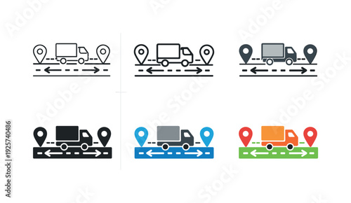 Streamlined Logistics Icon Grid. Transportation network icon depicting a delivery truck on a road with arrows and location markers