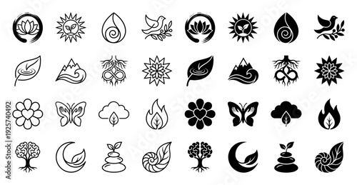 Collection of holistic hybrid icons featuring nature and wellness symbols like lotus zen circles sun sprout and brain tree in line and solid style