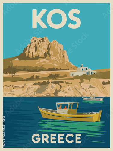 Kos Greece Travel Poster, Highlighting Tan and Brown Cliffs with White Greek Orthodox Church Against Turquoise Sky