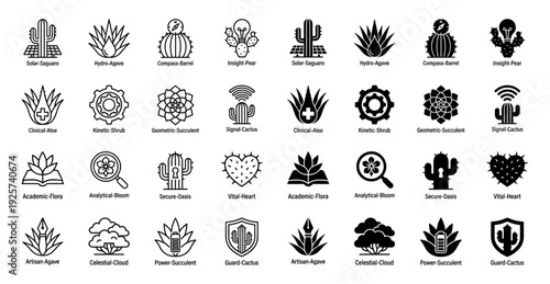 Collection of botanical hybrid icons merging desert plants with functional technology and security symbols in minimalist line and solid styles