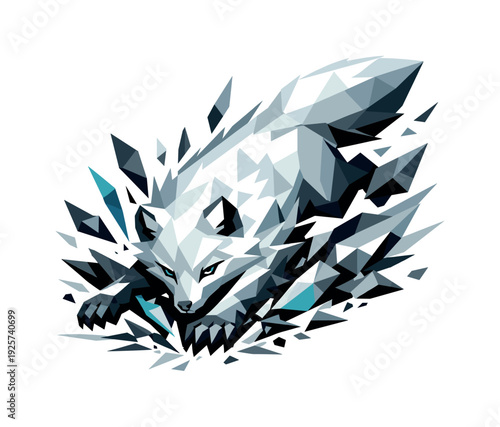Arctic Fox Impact. Low-poly vector illustration of an arctic fox breaking through toward its target, powerful downward-driving