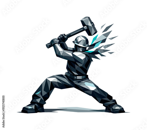 Low-poly vector illustration of a builder preparing for a hammer strike, wide angular stance with knees bent and torso twisted