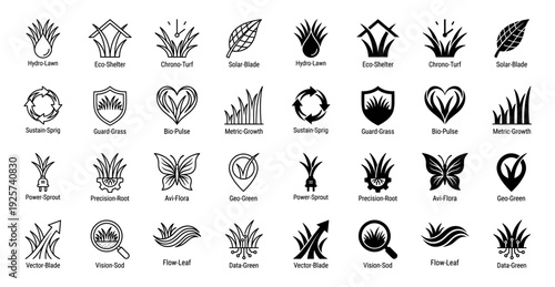 Set of hybrid botanical icons merging grass blades with functional symbols like drops shields gears and clocks in both outline and solid styles