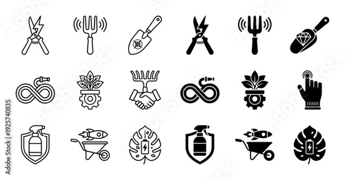 Hybrid gardening tool icon set merging traditional landscaping equipment with power efficiency and growth metaphors in line and solid styles