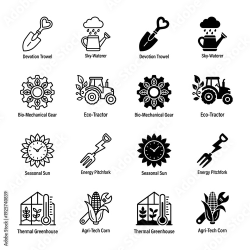Hybrid agriculture and sustainability icons featuring organic farming tools merged with renewable energy symbols and industrial mechanical elements
