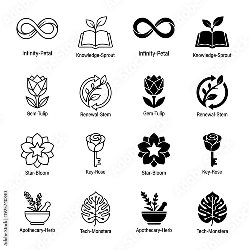 Collection of botanical hybrid icons featuring geometric flowers and organic symbols merged with knowledge and technology elements in line and solid styles