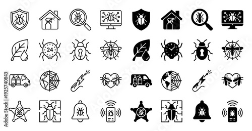 Pest control icon set featuring hybrid symbols merging insect silhouettes with security shields household spray bottles and digital monitoring hardware