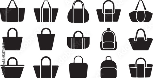 Collection of Black Silhouette Handbags and Backpacks on White Background