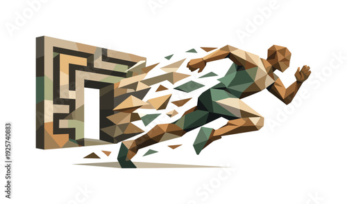 Abstract runner emerging from a geometric maze, symbolizing breakthrough and progress
