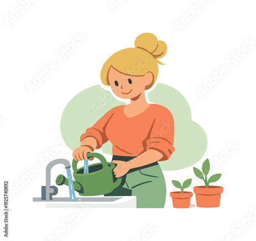 Sunny person fills a watering can at a sink, clear water flowing, sleeves rolled, plant pots nearby waiting quietly inside Home.