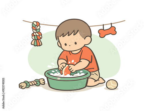 Pet Toy Cleanup. Fresh child cleans pet toys in a basin, scrubbing balls and ropes as water splashes lightly and items dry nearby.