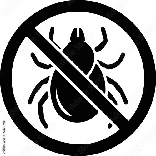Anti-Tick Sign for Pest Control and Safety- A black and white icon featuring a tick silhouette inside a "prohibited" or "no" circle with a diagonal slash.