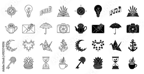 Black and white floral hybrid icon set featuring nature inspired botanical fusions of compass sunflower lightbulb flower and hourglass sprout
