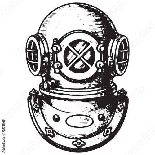 Antique Deep Sea Diving Helmet Engraving Style Illustration