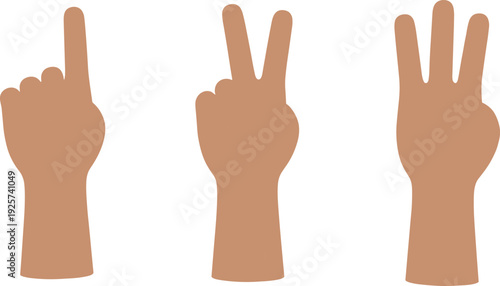 Hand gesture counting silhouettes illustration isolated on white background featuring one, two and three finger signs for number communication and educational symbol design