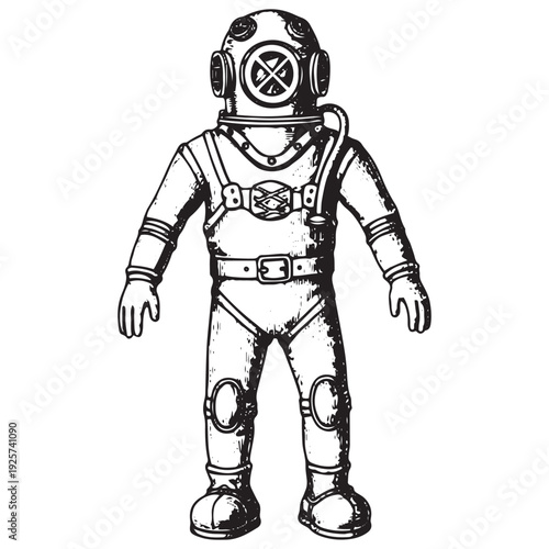 Vintage Deep Sea Diving Suit Classic Underwater Diver Outfit Illustration