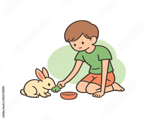 Cute cartoon boy feeding a small rabbit with a piece of broccoli