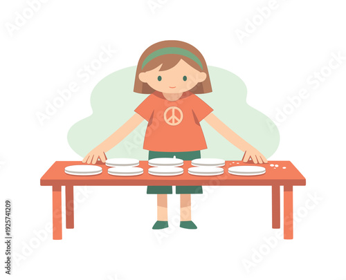 Young girl with peace sign shirt arranges plates on a table for a meal or event