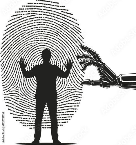 Surveillance state silhouette with robotic hand and fingerprint background