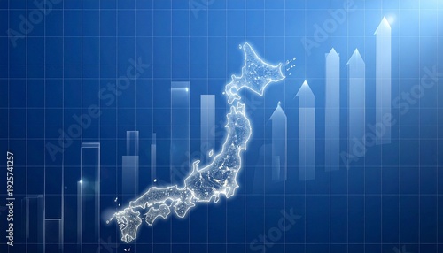 Stylized glowing outline of Japan on blue grid with Earth and ascending transparent bars, symbolizing economic growth, technology, and global progress.