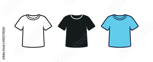 Three t-shirts in different colors: white outline, black, and blue