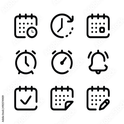 Minimalist icons for time management, calendar events, reminders, and deadline scheduling