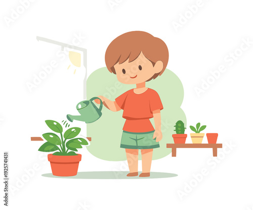 Cute child watering houseplants indoors near window with sunlight and small potted plants