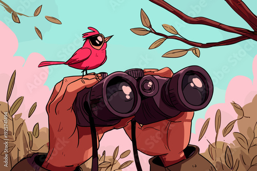 Birdwatching Binoculars Focused on Songbird