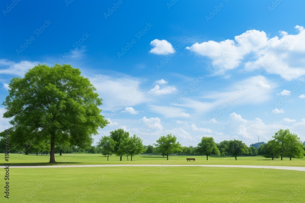 Fototapeta premium Green trees and grass filling a wide park landscape during summer