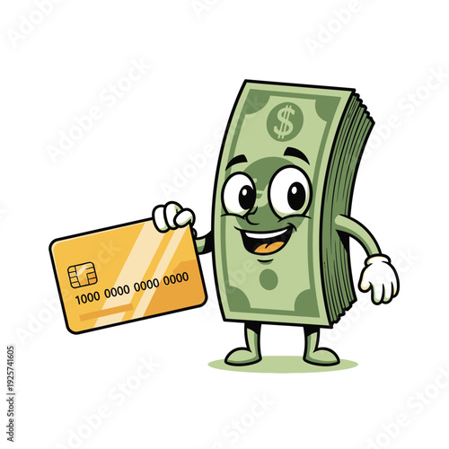 Cartoon money character holding a golden credit card