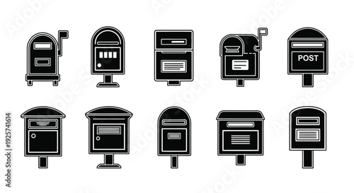 Ten various black and white mailbox icons are displayed.
