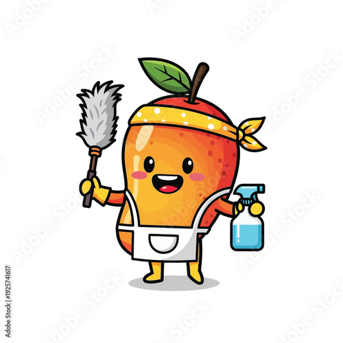 Happy Mango Cartoon Character Dressed as a Cleaner Holding a Duster and Spray Bottle